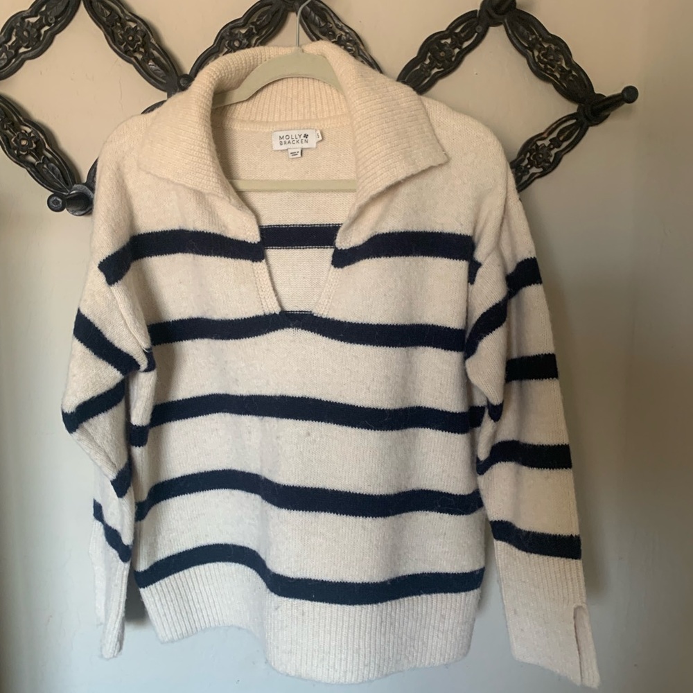 Women's Cream and Navy Striped Boxy Fuzzy Sweater